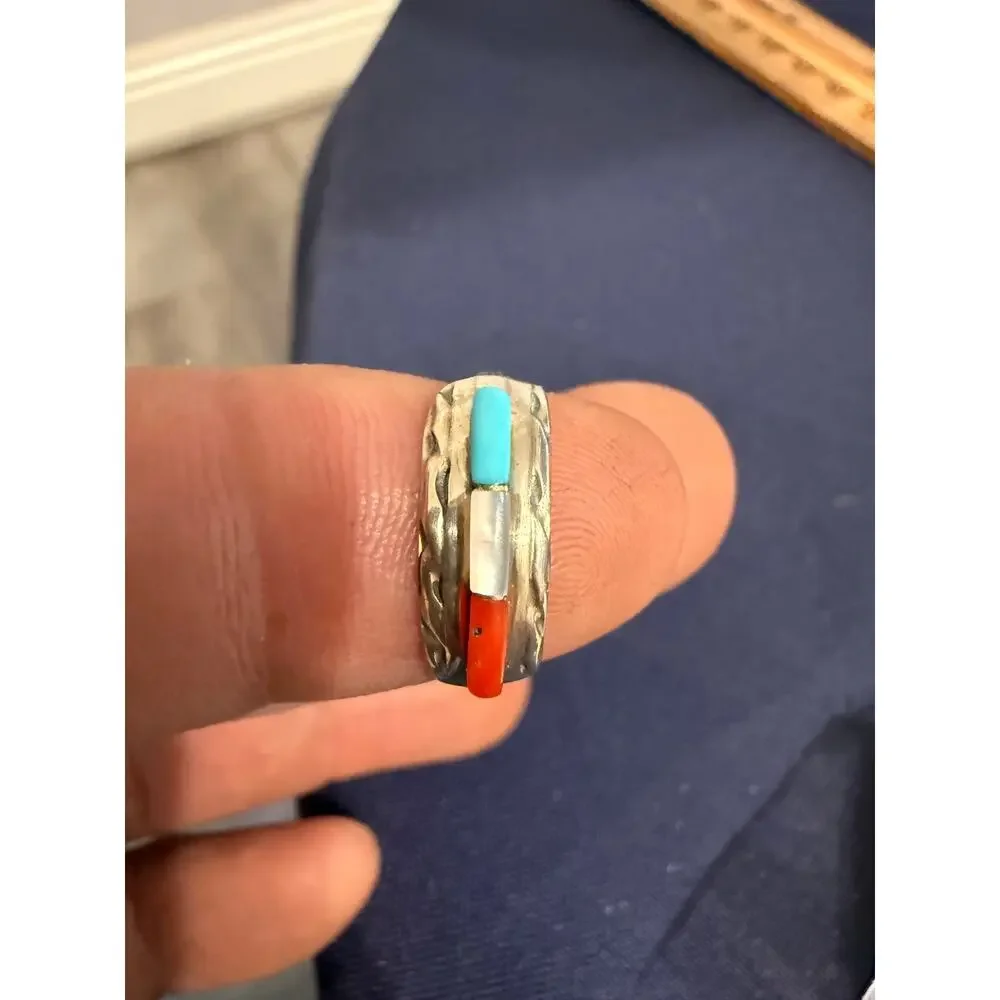 Vintage Zuni Signed Gus & Lorie Panteah Sterling Silver Inlay Ring Size 5.25